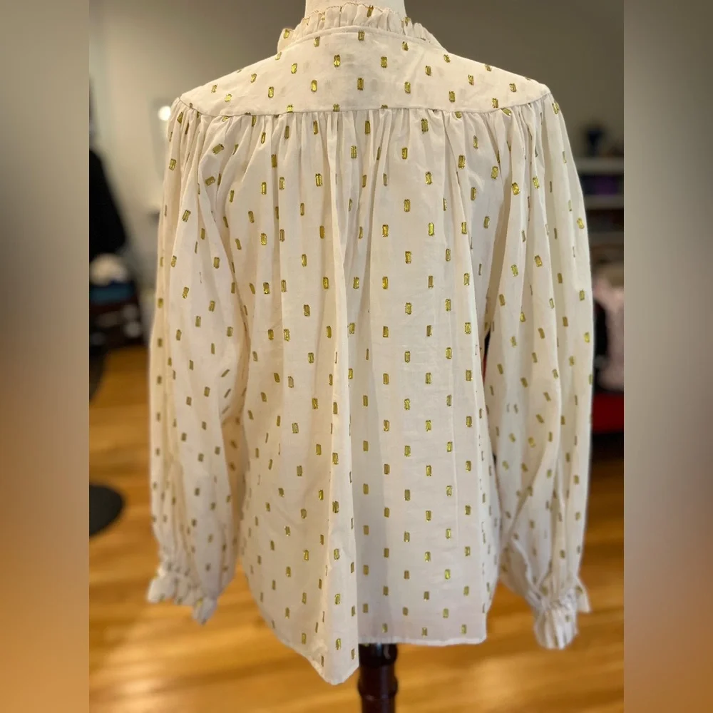 Dolan Left Coast Collection Metallic Gold Clip Dot Peasant Blouse Size M